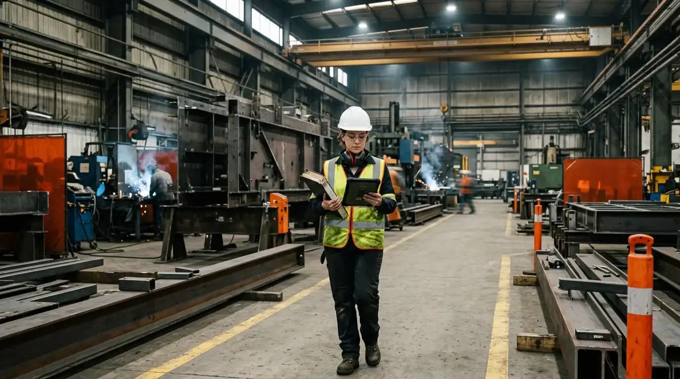 Инженер ПТО на производственной площадке с технической документацией