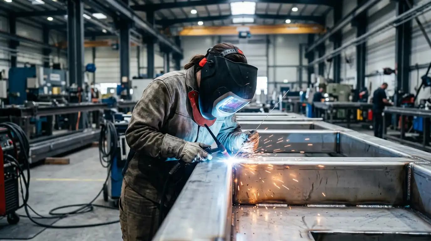 Сварщик при выполнении сварочных работ на производстве СОТ